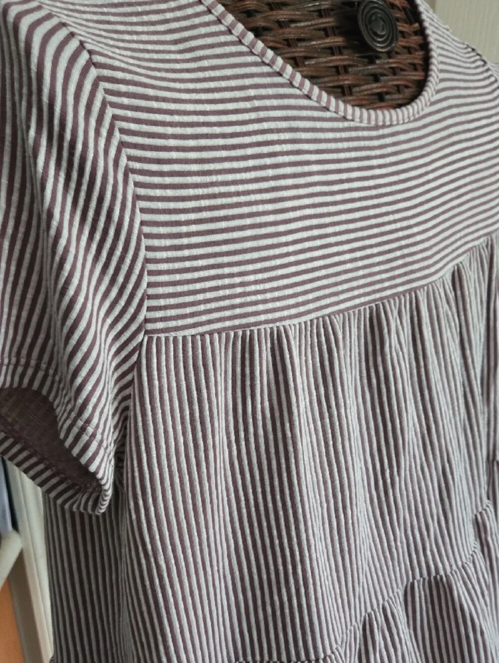 Exclusive One Striped Short-Sleeve Peplum Babydoll Top in Maroon Stripe-Size XL